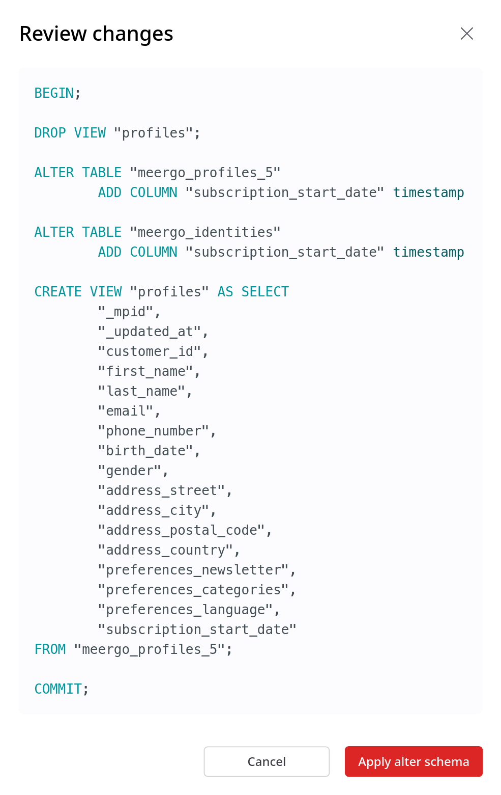 Apply alter schema